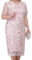 shownicer Femmes Robe de Soirée Cérémonie Grande Taille Elégante Dentelle Brodée Robes Deux Pièces Manches 3/4 à Col Rond Au Genou Dentelle Dress B Rose XL