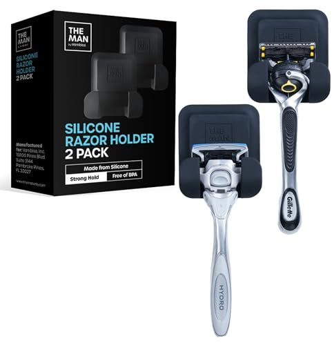 The Man Silicone Razor Holder-Razor Holder for Men-Fit Any Razor Secure & Safe-Compatible with Gillete, Harry's, Schick & Other Brands-Shower & Bathroom Organizer-Razor Hooks for Shower Wall (2 Pack)