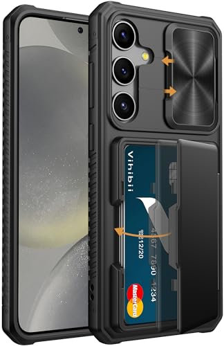Vihibii for Samsung Galaxy S24 Plus Case with Card Holder (4 Cards) & Sliding Camera Cover & Kickstand, Shockproof Rugged Hard Back & TPU Edge Wallet Case for Galaxy S24 Plus 5G 6.7 2024, Black