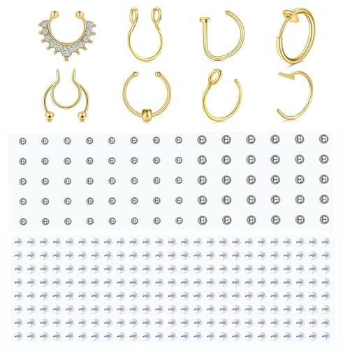 WillTen 8Pcs Fake Nase Ring Fake Septum Piercing mit 2 Blätter Fake Nase Stud Stick auf Fake Gesicht Piercing, Fake Nase Piercing Clip auf Nase Ring Fake Augenbraue Piercing Fake Lippen Ring Gold