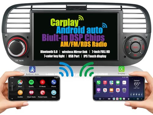Autoradio Für FIAT 500 2007-2015 Radio Bildschirm Eingebautes Wireless Carplay Android Auto Navi Mit Bluetooth DSP EQ Subwoofer Lenkradsteuerung AM FM RDS 7 Zoll Touchscreen 1080P Full HD IPS Display