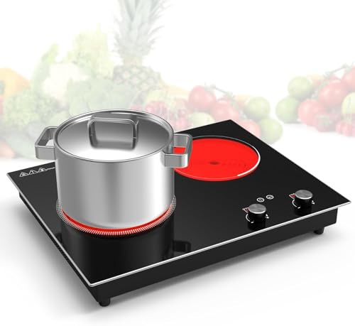 VBGK double electric hob, 3000W Built-in & Countertop 2 ring electric hob, 2 burner ceramic hob with 9 Heating Level, Timer & Kid Safety Lock, LED Knob Touch Control with Plug