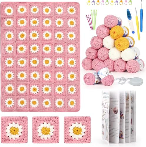 Katech Kit Crochet Débutant Complet, Crochet 3,5+4,0mm&17 Pelotes de Laine pour Couverture Rose aux Granny Squares(60x70cm), Kits de Crochet, Accessoires de Crochet Tricot, Anglais Livret Crochet Kit