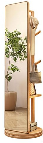 360° Rotatable Full Body Mirror, 2-in-1 Floor Mirrors and Coat Rack, Wood Full Length Mirror with Coat Rack, For Bedroom, Living Room