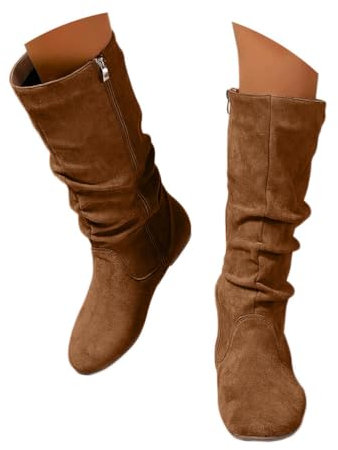 Onsoyours Stivali Alti Donna Stivaletti in Pelle Scamosciata Boots con Zip Stivali Lungo Stivaletti Eleganti Autunnali Invernali Comode con Tacco Piatto A Marrone 38 EU