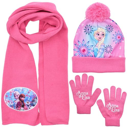 Frrozen Mütze Schal Und Handschuh Set Elsa Kinder 3 Stück Cartoon-Drucke Herbst Winter Mädchen warme gestrickte Mütze mit Schal Handschuhe Geschenke für Kinder Mädchen(D)