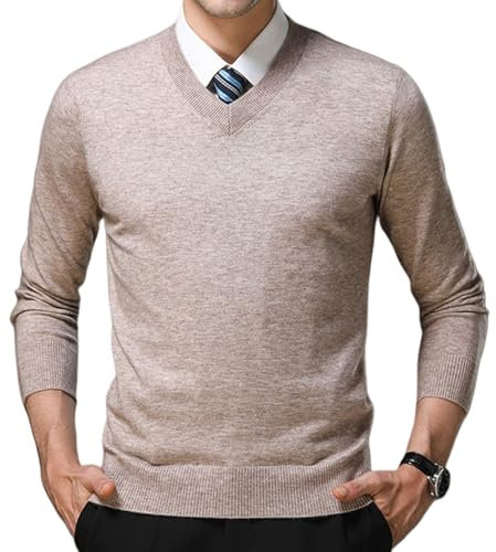 FULIER Men's V-Neck Jumper Cashmere Knitted Pullover Casual Long Sleeve Sweater Basic Sweatshirt Winter Jumper (Khaki, L)