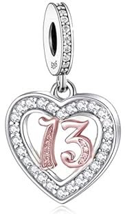 MARJS 13 13th Thirteen Birthday Anniversary Rose Gold Love Heart Charm Bead Pendant 925 Sterling Silver Dangle Compatible With Pandora Charm Bracelet