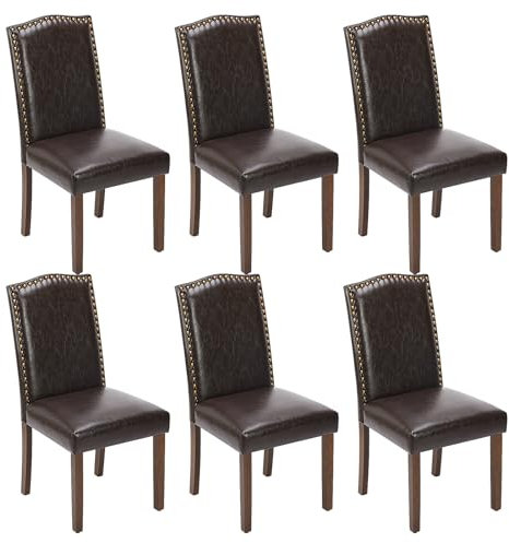 Sweetcrispy Juego de 6 sillas de comedor tapizadas de cuero para cocina, de mediados de siglo, modernas sillas laterales de comedor de gama alta con ribete de cabeza de clavos y patas de madera para