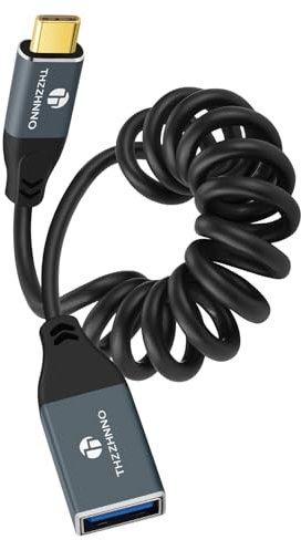 Thzzhnno Câble Spiralé 3.0 USB C vers A Femelle, Câble Spiralé USB Type C Mâle vers Type A Femelle 5Gbps for avec MacBook Pro/Air, Galaxy S24/S23/S22 Ultra Gris (95MM étendu à 1M)