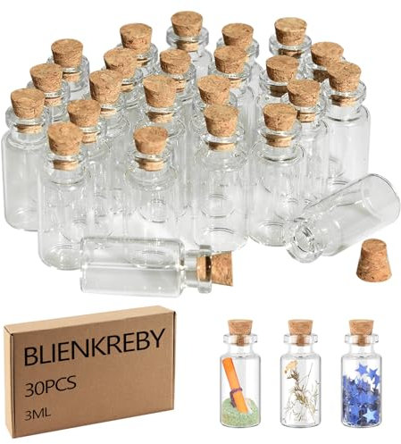 BLIENKREBY 30 x Petite Bouteille en Verre, 3ml Fiole en Verre, Mini Bouteille - Cadeau Mariage Fête Décoration, Mini Bocaux Bouchon avec Liège
