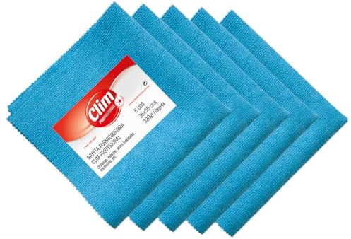 Clim Profesional 5 Bayetas Pur Microfibra con Recubrimiento PU. Textura Flexible. Especial Cristales, Espejos, Acero Inoxidable, Grifería. Tamaño 35x35 cm y 320gr. Pack 5 uds