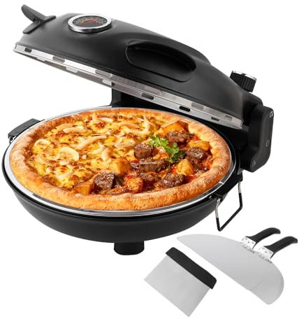 hzexun Electric Pizza Oven, 1200W Pizza Oven with Stone Base 31CM Non Stick Pan,Max 420°C Heat,Cutter & Pizza Paddles Portable Table Top Pizza Maker (Black)