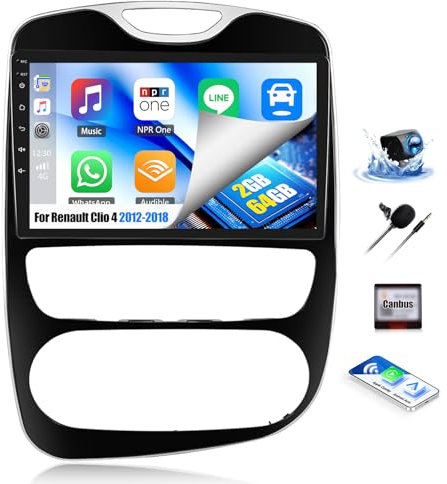 OiLiehu 2G+64G Android 13 2 DIN CarPlay inalámbrico Android Auto para Renault Clio 4 (2012-2018) Pantalla 10,1 mit Mirror Link EQ Bluetooth SWC FM/RDS WiFi GPS Camara Marcha Atras