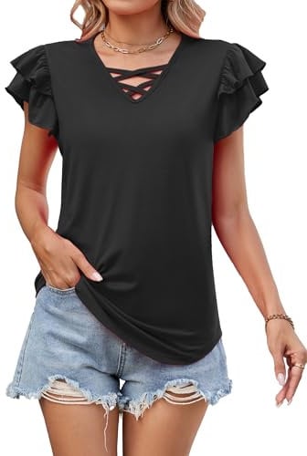 Famulily Womens Tunic Tops Ruffle Cap Sleeve V-Neck Blouse Ladies Summer Work Wear Office Black M