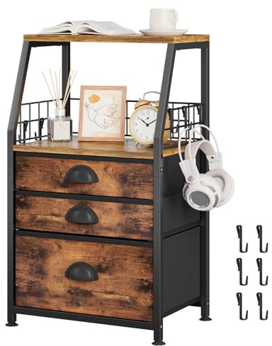 VASZOLA 3 Fabric Drawers Organizer Tower with 6 Hooks and 2 Shelves, Small End Side Table for Printer with Chest of Files Drawers, Ideal for Bedroom Living Room Office Dorm Under Desk, Rustic Bronze