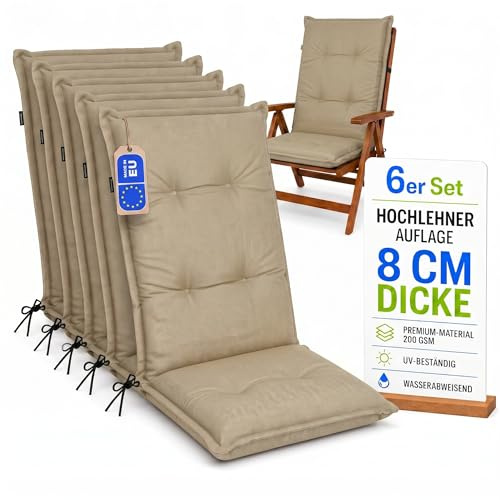 Pillows24 Hochlehner Auflagen 6er Set 120x50x8cm, Wasserabweisend & UV-fest | Premium-Material 200gsm, Extra dicke Polsterung 8 cm, Sitzauflagen Hochlehner, Sitzkissen Gartenstuhlauflagen, Cappucinno