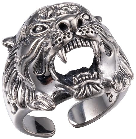 Feststoff 925 Sterling Silber Tiger Head Ring Tierring für Männer offen verstellbar