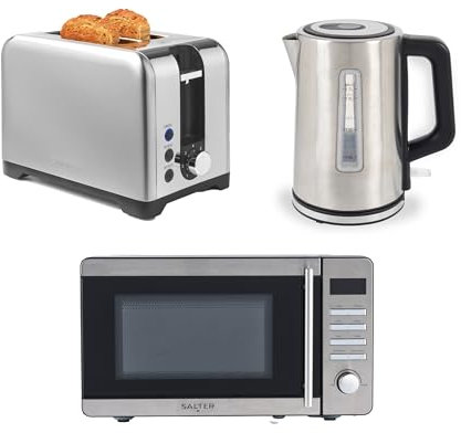 Salter Kettle, Toaster & Microwave – 3-Piece Kitchen Countertop Set, 1.7L, 3kW Rapid Boil, 2-Slice Toaster with 7 Browning Levels, 20 Litre Digital Microwave, Stainless Steel