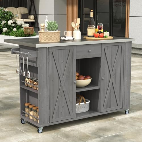 Outdoor Kitchen Island - Solid Wood with Folding Stainless Steel Countertop, Ample Storage, Towel Racks & Lockable Casters - Perfect for Patio & BBQ (Grey)