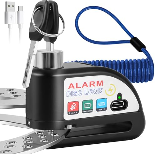 Blocca Disco per Moto con Allarme 110dB, Bloccadisco Moto Lucchetto Moto Antifurto con Allarme Sonoro per Moto Bici Motorino Moped Motocross, con 2 chiavi und 1.5m Reminder, USB Batteria Ricaricabile