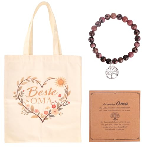Zidoley Oma Geschenk Geburtstag, 2 Stück Geschenk für Oma, Stofftasche und Lebensbaum Natursteinarmband mit Geschenkkarte, Muttertagsgeschenk, Canvas Jutebeutel für Frauen (Liebe)