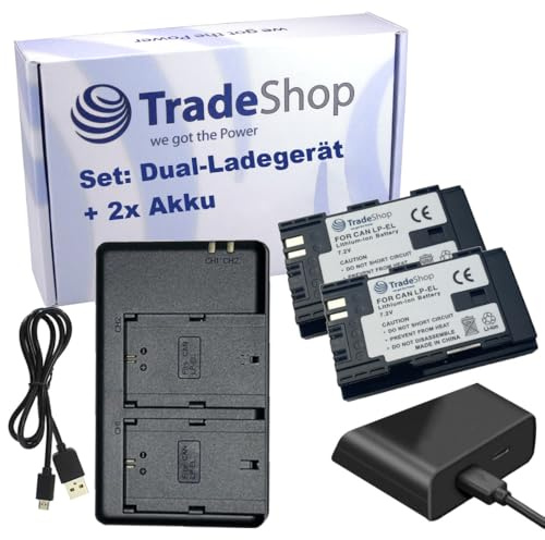 3in1 Set: 2-Fach Ladegerät Micro-USB Typ-C + 2X Li-Ion Akku (7,2V / 2600mAh) kompatibel mit Canon LP-EL DS401231 LC-E6 LC-E6E EL-1 EL-5 Speedlite