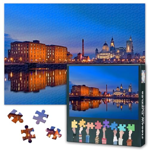 Liverpool Merseyside Night Skyline Jigsaw Puzzle 1000 Pieces for Adults UK Cityscape Landscape Puzzle Capital City Wall Art Home Decor Bedroom Challenge Activity 27.5x19.7 Inch