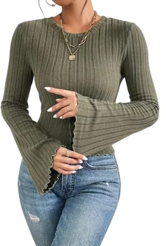 Sukiglam Women's Jumpers Elegant Long Sleeve T-Shirt Basic Bell Sleeves Crop Top Crew Neck Fitted Pullover Sweaters Casual Going Out Tops Ladies Soft Stretch Knit Blouse for Autumn/Winter Layering