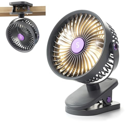 HUAXITRA Portable Clip on Fan with 5 Speeds, 360°Rotation Rechargeable Pram Fan USB Desk Fans LED Display with Sturdy Clamp, Cooling Fan Quiet Mini Table Fan for Home Office Stroller Camping (Grey)