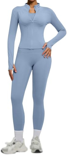 Sport Set Damen Yoga Pilates Outfit Sets Zweiteiler Bequem Elegant Reißverschluss Langarm Oberteile Mit Leggings Zweiteiliges Damen Trainingsanzug Set Sportset