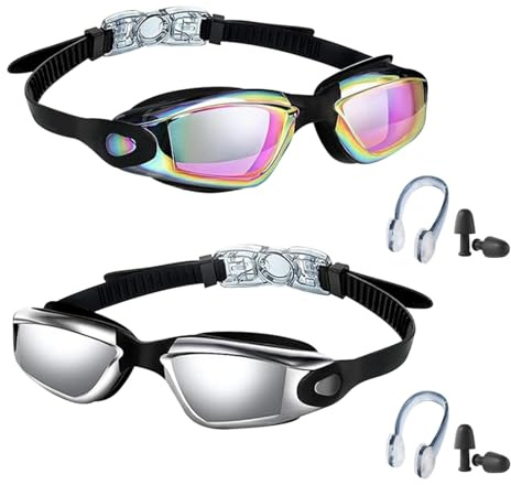 HTTDSLF Lot de 2 Lunettes de Natation, Lunettes de Piscine Mixte, avec Pince-nez et des Bouchons d'Oreille, Anti-buée, Réglable Lunette Natation pour Hommes Femmes Adultes Adolescents Enfants