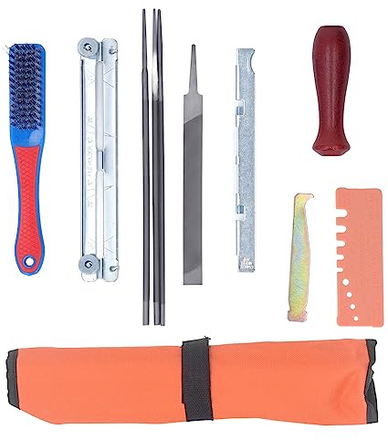 11Pcs Chainsaw Sharpener File Set with Gauge Handle for Chain Saw Teeth Sharpening – Carbon Steel Tools in Carry Bag for Garden and Workshop Use