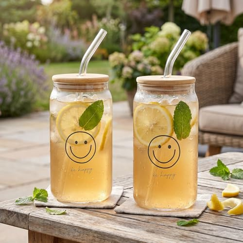 levandeo 2er Set Glas Deckel Strohhalm 500ml Be Happy Smiley Bambusdeckel Trinkglas Ice Kaffee Sommerglas Glasbecher