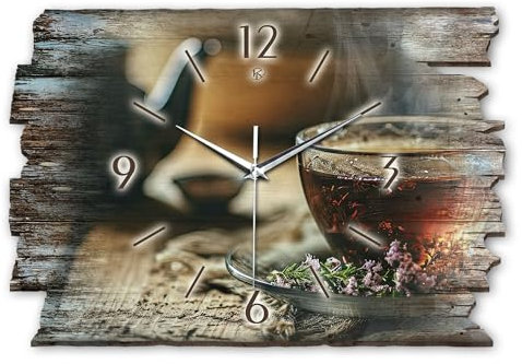 Kreative Feder Designer Wanduhr „Tee“ aus Holz 40x27cm im Shabby Style Design - Designeruhr mit flüsterleisem Uhrwerk ohne Ticken (Tee, leises Funkuhrwerk)