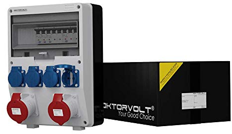 Dokorvolt Stromverteiler mit Steckdosen 16x 230V Schuko, 8x LS-Schalter C16A VDE, 1x RCCB FI-Schalter 40A, Kabel mit CEE Stecker 32A Baustromverteiler Wandverteiler komplett verdrahtet IP44