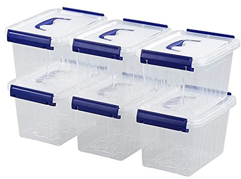 Waikhomes Set of 6 Plastic Clear Storage Boxes, 6 L Storage Latch Box with Lids (Blue handle)
