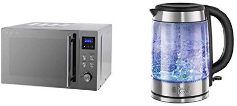 Russell Hobbs RHM2086SS Classic 17 Litre Stainless Steel Digital Microwave with Blue LED & 21600-10 Illuminating Glass Kettle, Black, 1.7 Litre, 3000 Watt