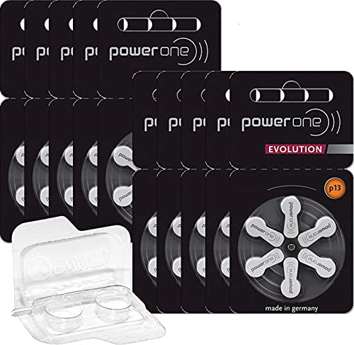 60 pilas para audífonos Power One Evolution tamaño 13, 1,45 V (5 blísteres de 6 unidades) + caja de almacenamiento para 2 baterías de audífonos (60 pilas), color naranja