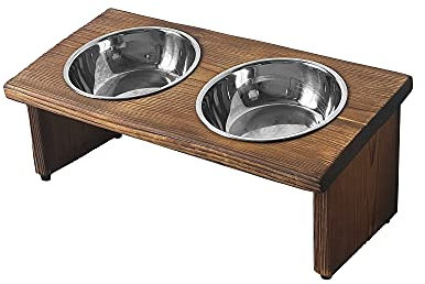 KOLYMAX Raised Tilted Cat & Dog Bowl Set, Elevated Slanted Feeder with Adjustable Wooden Stand, Anti-Slip, 2 Stainless Steel Bowls (10oz Each), Brown, Stylish, Small Breeds