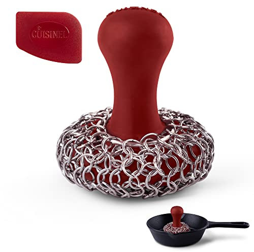 Cast Iron Chainmail Scrubber + Pan Scraper - Ergonomic Stainless and Silicone Cleaner for Pots and Skillets - Premium Food-Safe Design - Easy to Clean Dishwasher Safe Cookware Sponge Kitchen Accessory