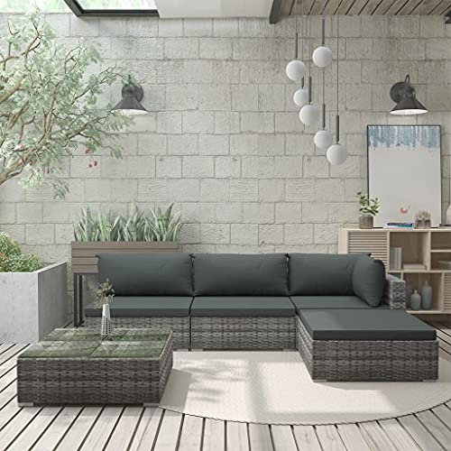 Hommdiy 5-TLG. Garten-Lounge-Set mit Auflagen Ecksofa, Gartenmöbel, 3-Sitzer-Sofa mit Fußstütze und Tisch Poly Rattan Grau