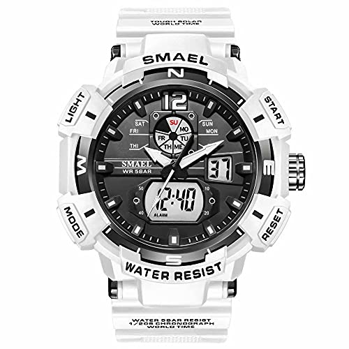 SMAEL Orologio militare da uomo, sportivo, impermeabile, digitale, bianco, con sveglia, data, multifunzione, cronometro a LED, bianco, Large Face, Digitale