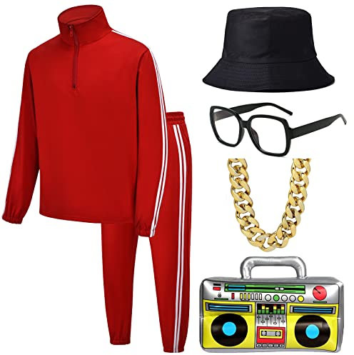 ZeroShop 80er Jahre Kostüme für Herren, 90er Jahre Trainingsanzug Kleidung Old School Sonnenbrille Rapper Hut Hip Hop Zubehör Kostüm Outfit für Halloween, Rot, S