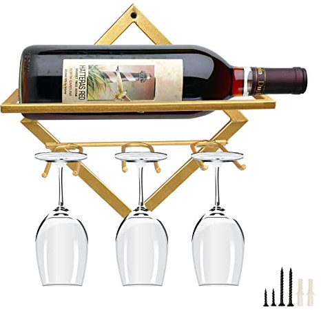 Supporto da parete per portabottiglie in metallo, organizer pieghevole per portabottiglie da appendere per 3 portabicchieri 1 bottiglie, portabottiglie per parete del bar della cucina di casa