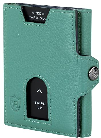 VON HEESEN Slim Wallet mit XL Münzfach & RFID Schutz - Leder Geldbörse Herren klein - Mini Geldbeutel Damen Portmonee - Kartenetui Echtleder Karten Portemonnaie - Kreditkartenetui Türkis Silver Pine