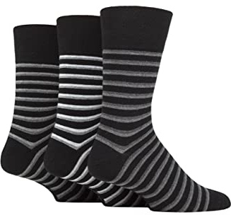 SockShop Gentle Grip Mens Striped Socks Patterned Stripey, Soft Honeycomb Top Comfort Cuff, 6-11 Pack of 3 - Varied Stripe Black 6-11