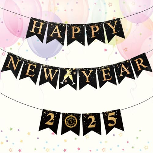 KOOKZ 2025 Neujahr Banner Silvester Girlande, Schwarz und Gold Neujahr Partybanner Hängende Silvester Wimpel, Ideal Happy New Year Banner für Neujahr Party Deko Wand
