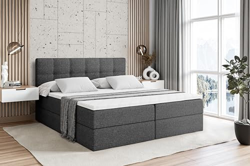ALTDECOR Boxspringbett mit Matratze und Lattenrost, Boxbett, Topper, Polsterbett mit Bettkasten, Bett mit Stauraum H4-Matratze, Doppelbett, Springboxbett - Marce - 140x200 - Dunkelgrau