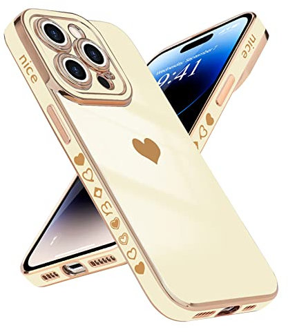 Wirvyuer Compatible with iPhone 14 Pro Case Cute Nice Heart Design for Women Girls Luxury Gold Plating Soft TPU Bumper Cover Full Camera Protection Shockproof Bling Phone Case for iPhone 14 Pro, Beige